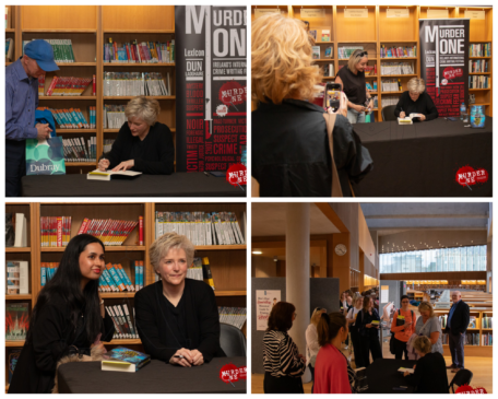 Four photos of Karin Slaughter signing her books